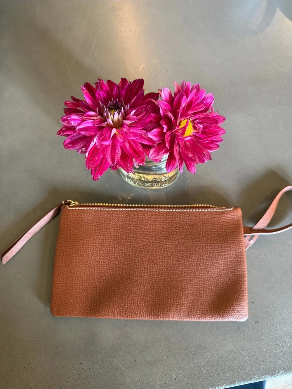 Polène Tan Pebbled Leather Wristlet Clutch