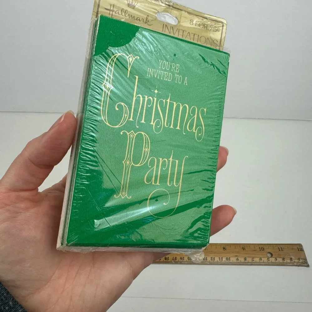 Vtg Retro Hallmark Christmas Party Invitation Green Gold Metallic‎ Elegant Font