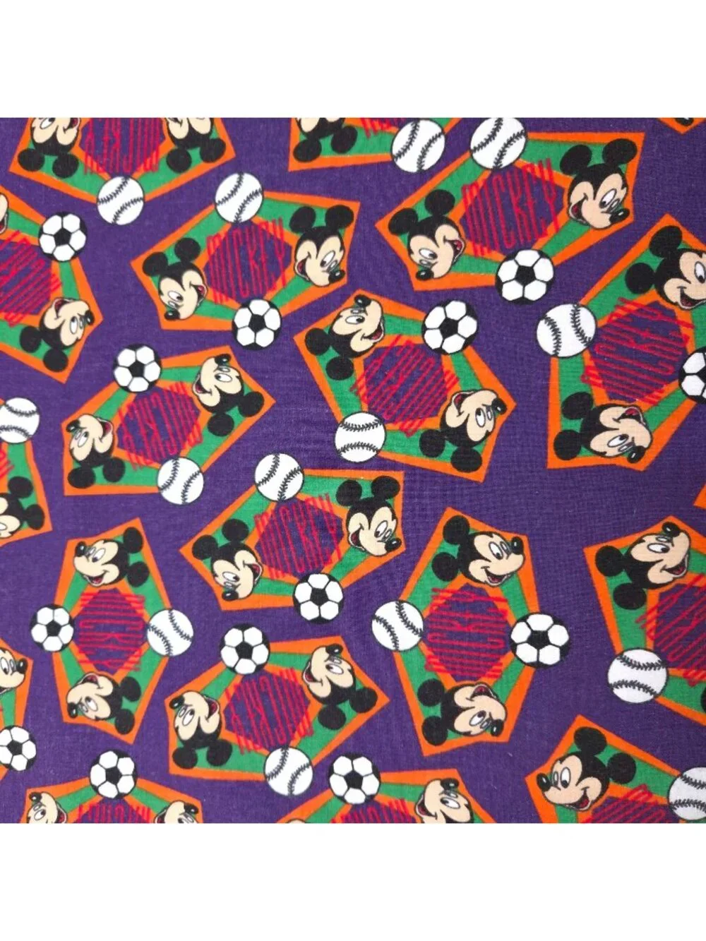 Vtg Disney Mickey Mouse Sports Cotton Fabric 2 Pieces 19x35 Inches Each Washed