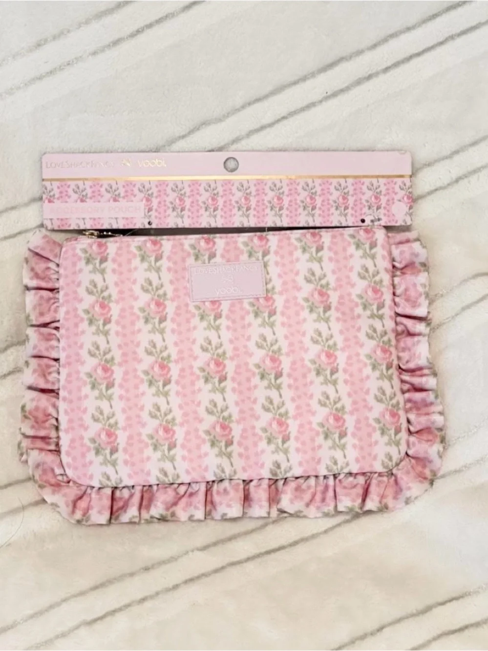LoveShackFancy Pink Floral Ruffle Pouch with Gold Zip Pull