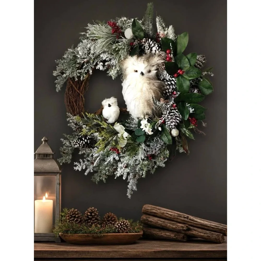 Woodland Owl Christmas Wreath Frosted Pinecone Berry Grapevine‎ Holiday Decor