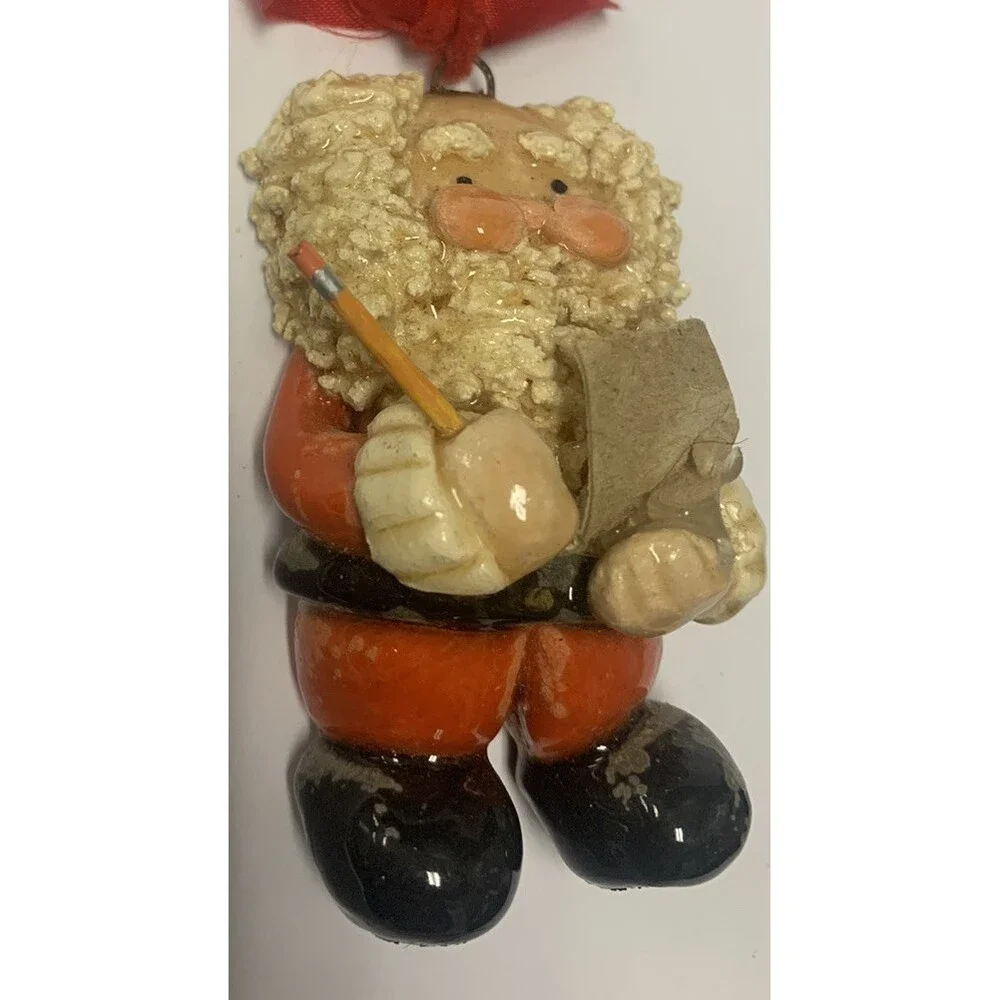 Vintage Santa Checking His List Christmas Ornament Faux Clay 4” X 2”
