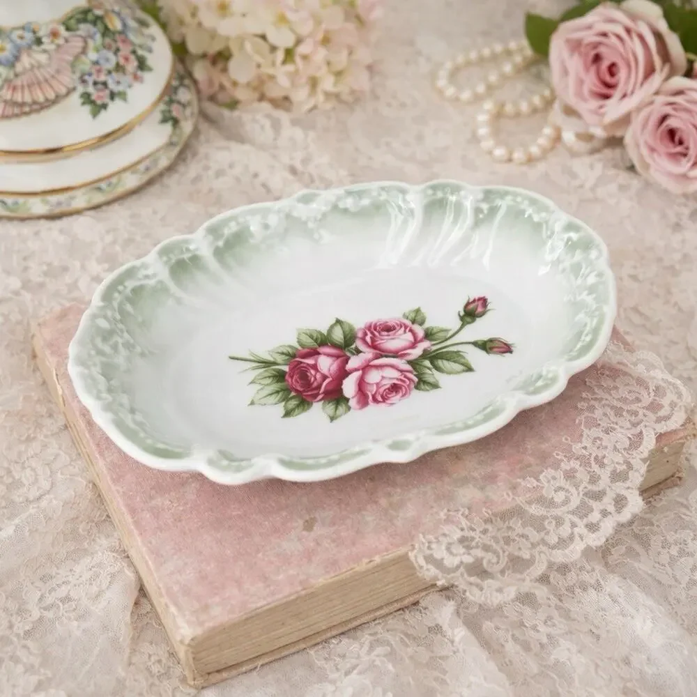 Vintage Rose Trinket Dish Cottage Porcelain Germany Green Floral Romantic Ring