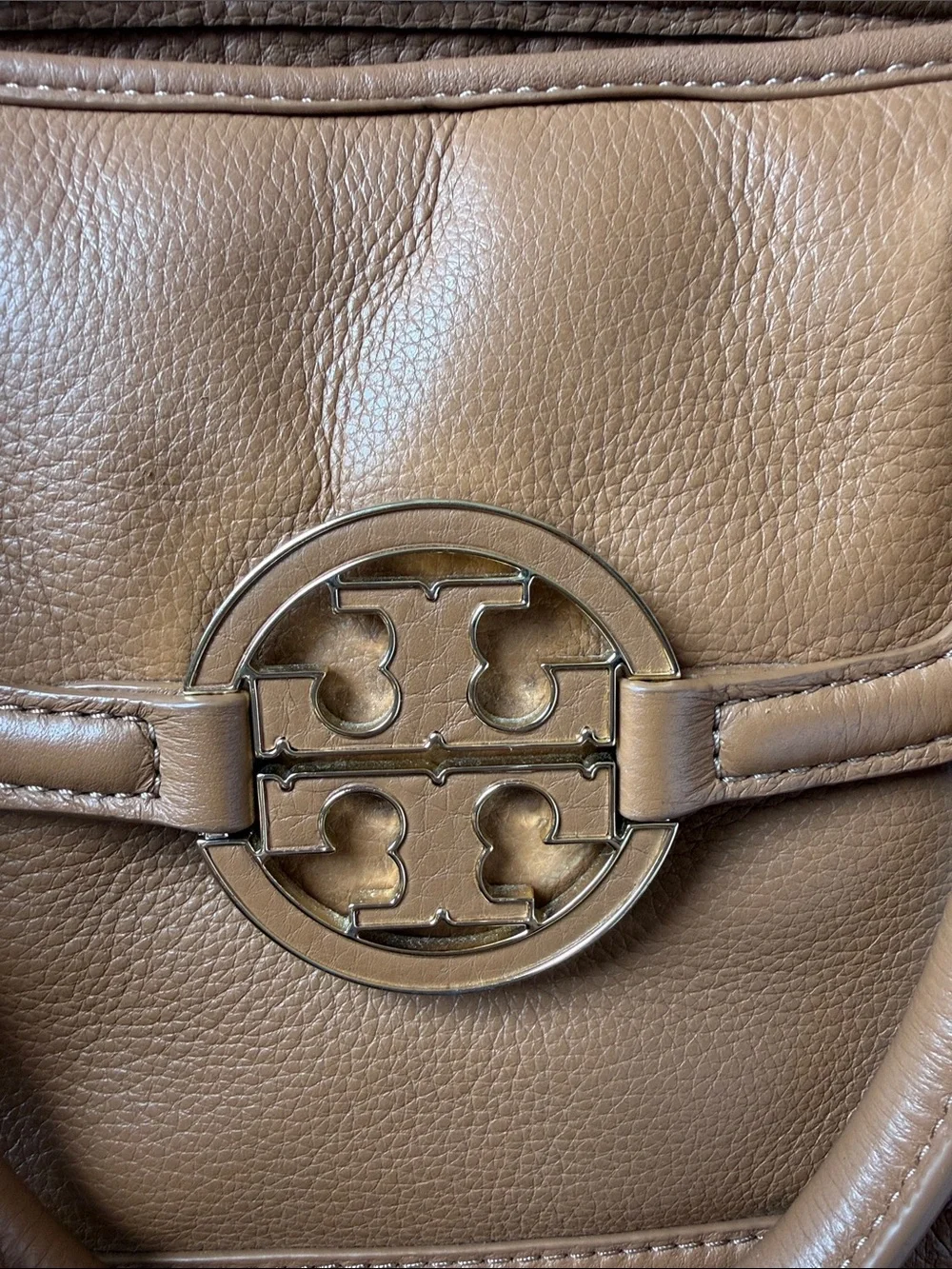 Tory Burch Cognac Pebbled Leather Tote with Logo Medallion