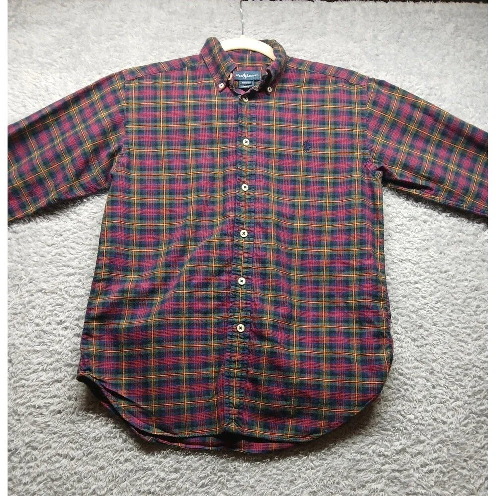 Ralph Lauren Boys Red Plaid Button Up Shirt Size 10-12 Classic Holiday Preppy