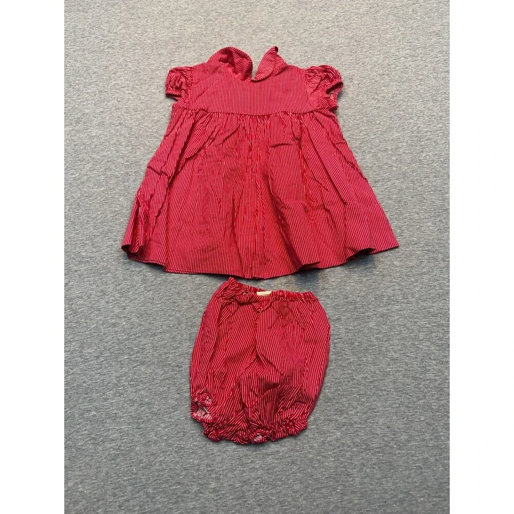 Vintage 80s Clicastro & Co Red Pinstripe Baby Dress Bloomers Set 12-18M USA