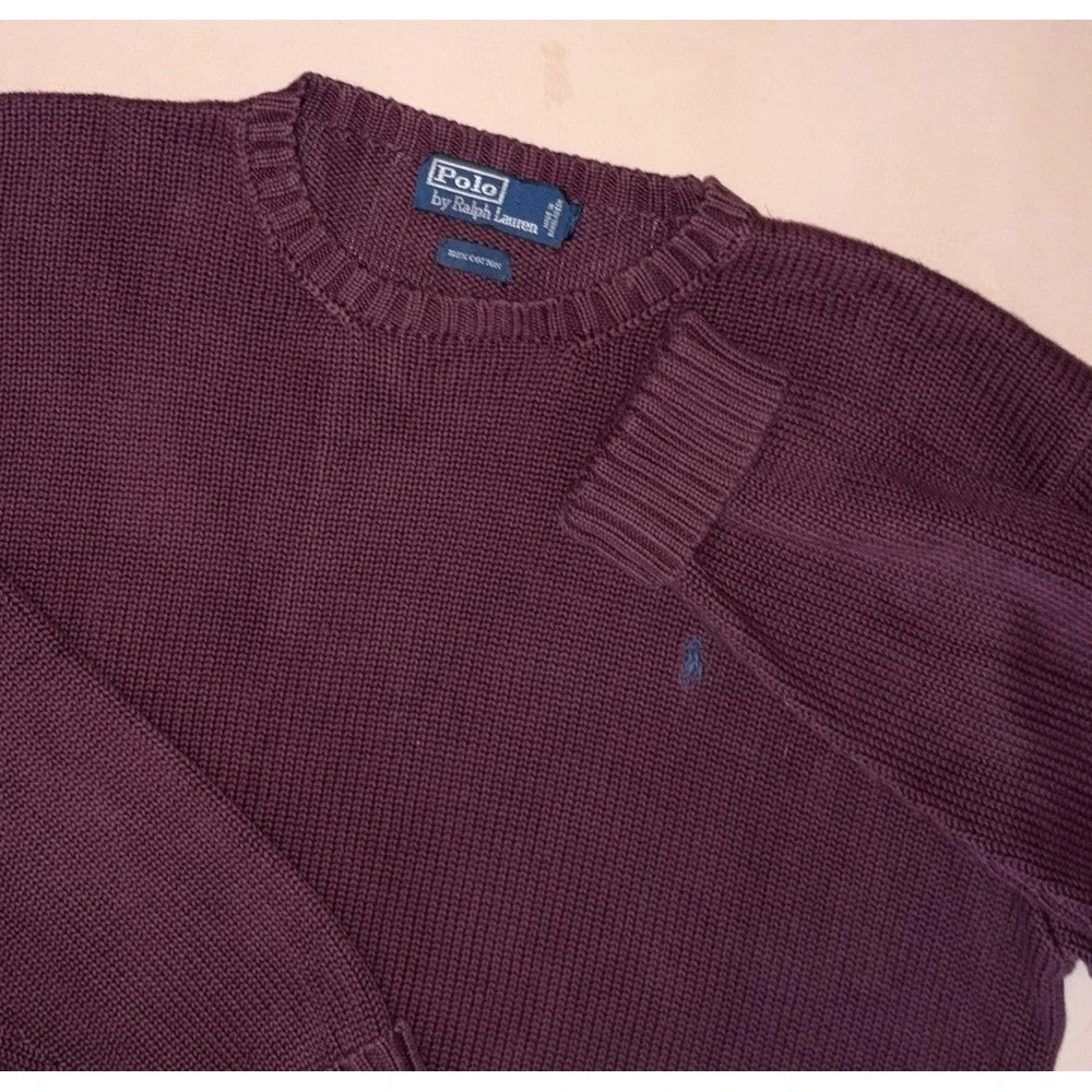 Vtg Polo Ralph Lauren Sweater Large Burgundy Knit Ribbed Fisherman Crewneck 90s