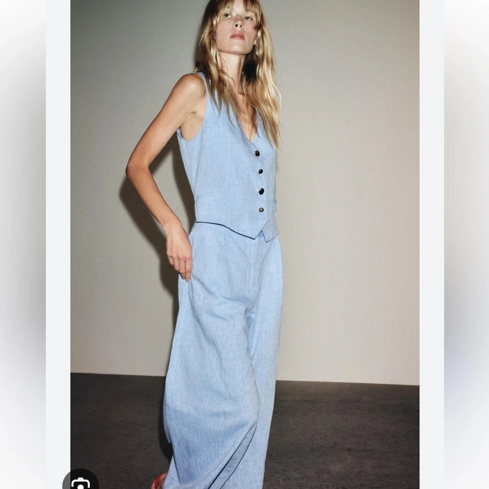 Zara NWT linen blend waistcoat jumpsuit blue 8461/789