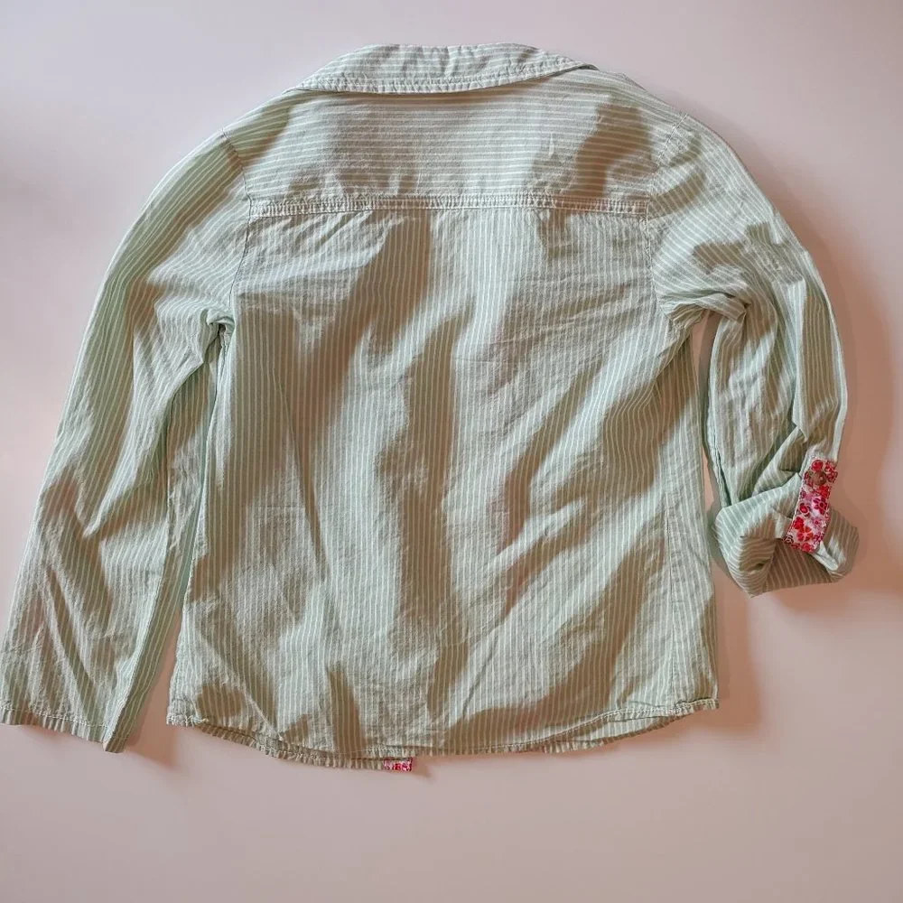 Old Navy | Light Green Oxford Stripe Shirt with Floral Trim Casual Button | M