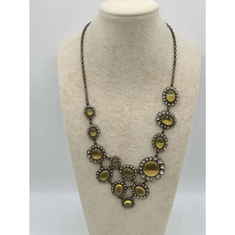 J Crew Antique Brass Look Statement Necklace with Gold & Clear Crystals