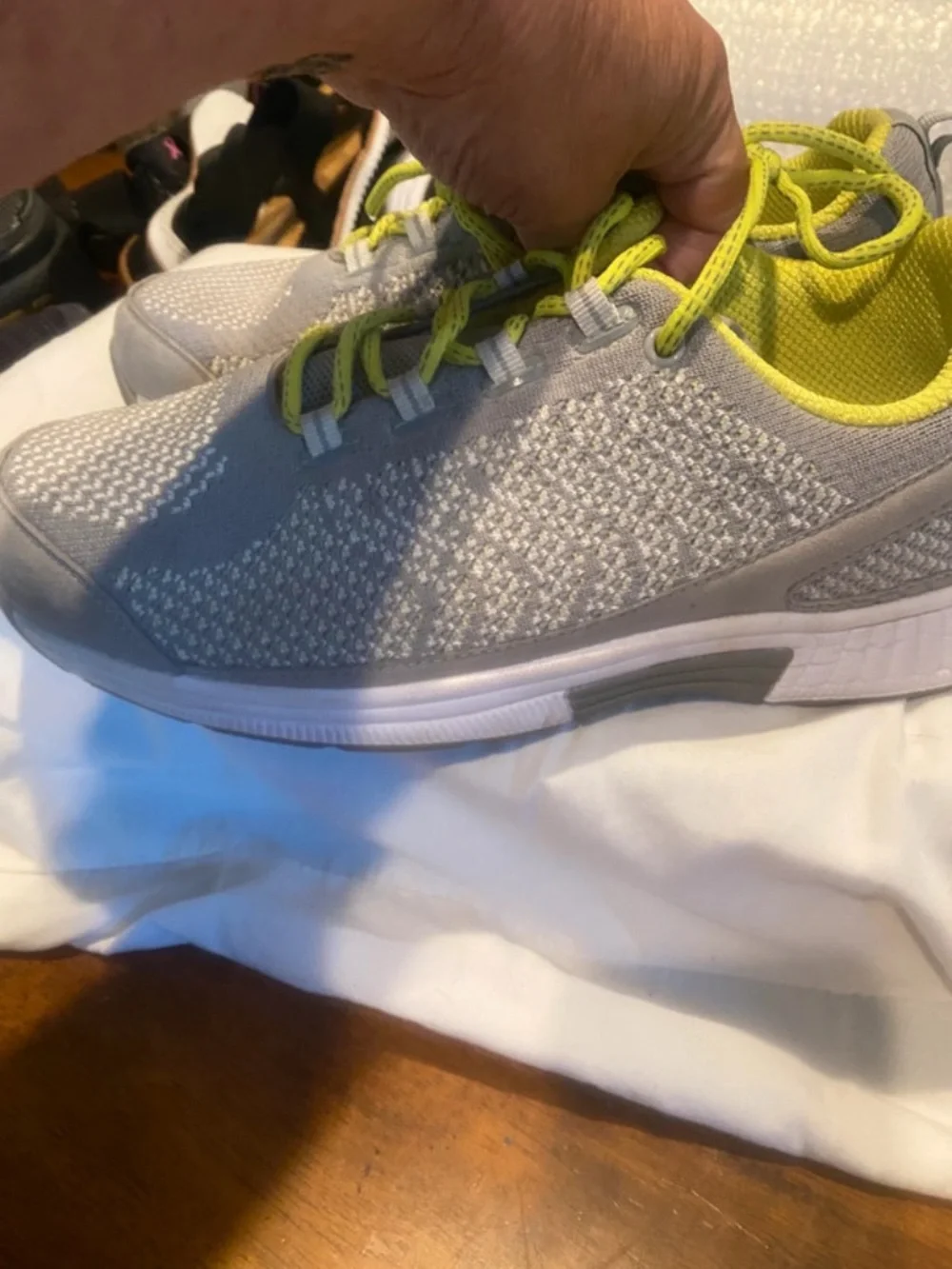 Women’s Gray Knit Athletic Sneakers with Neon Yellow Accents
