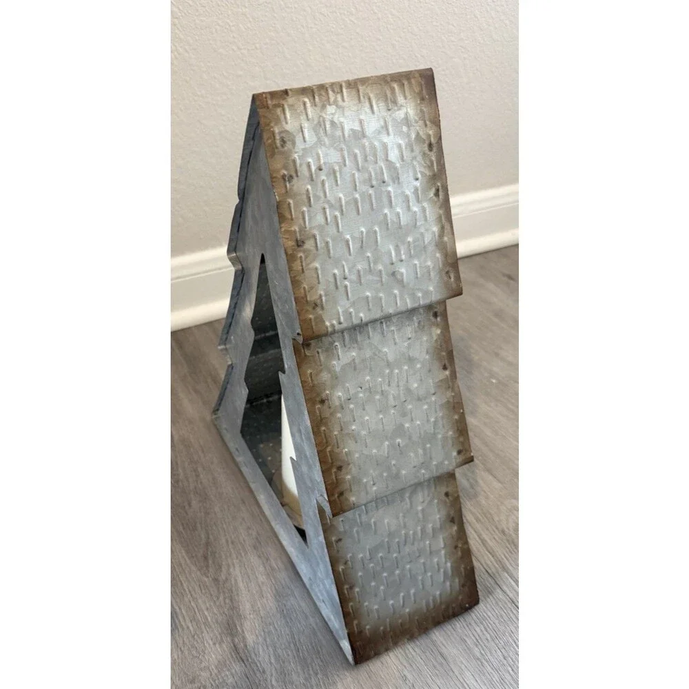 Galvanized Metal Christmas Tree Candle Holder Rustic Decorative, Place A Bid