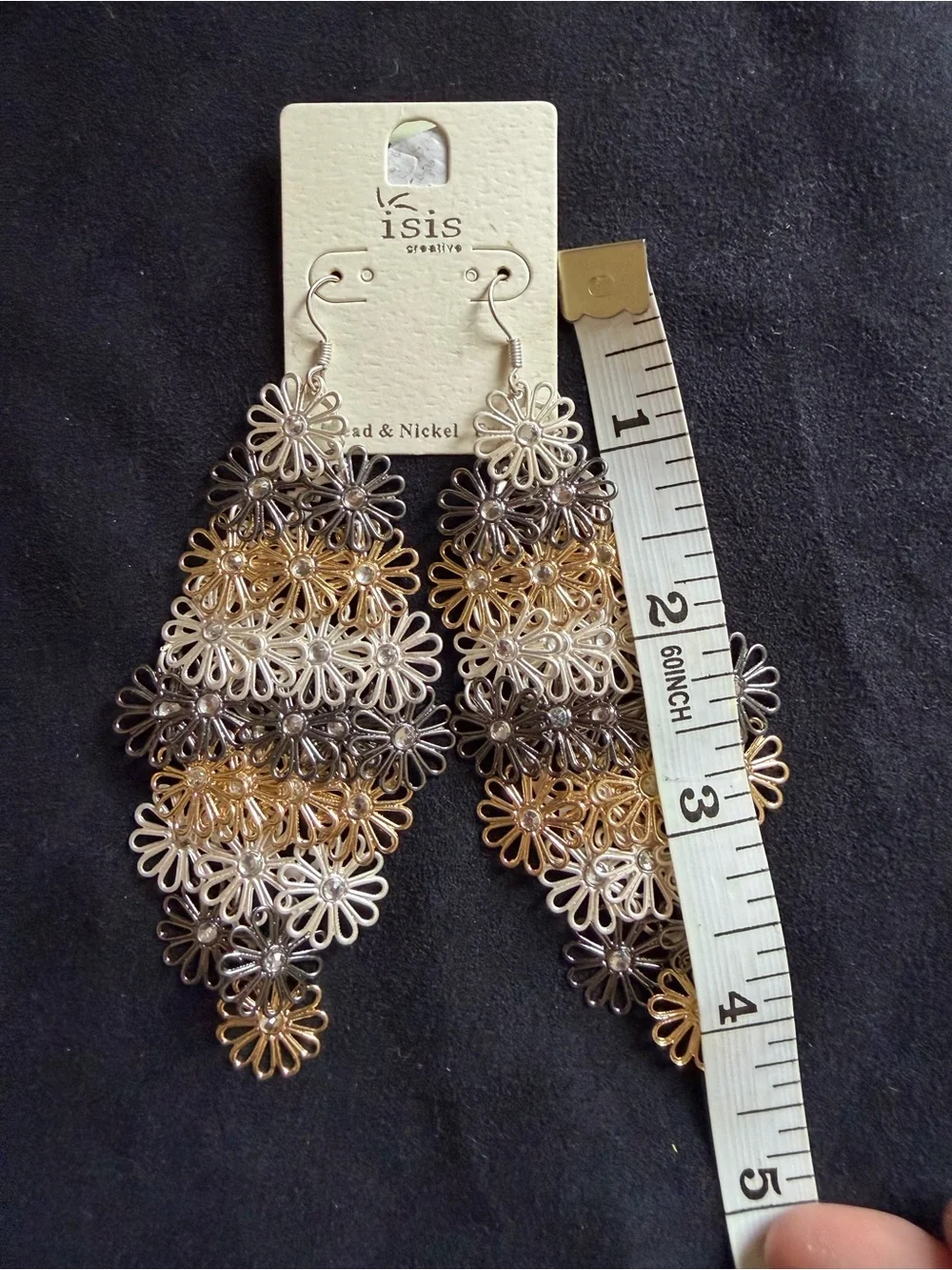 Layered Sunflower Dangle Earrings 4” Gold Silver Mixed Metal Floral Statement