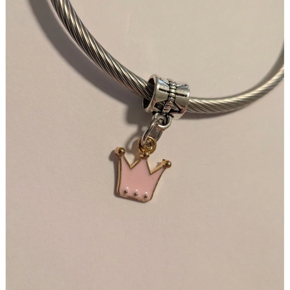 Pink Enamel Crown Dangle Charm‎ Silver Gold Tone Tiara Princess Bracelet Pendant