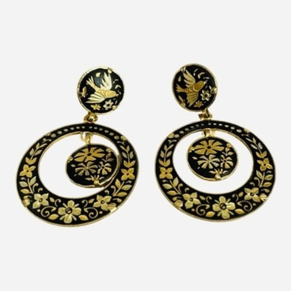 Vintage Black Gold Enamel Floral Bird Drop Earrings Circular Statement Boho EXC