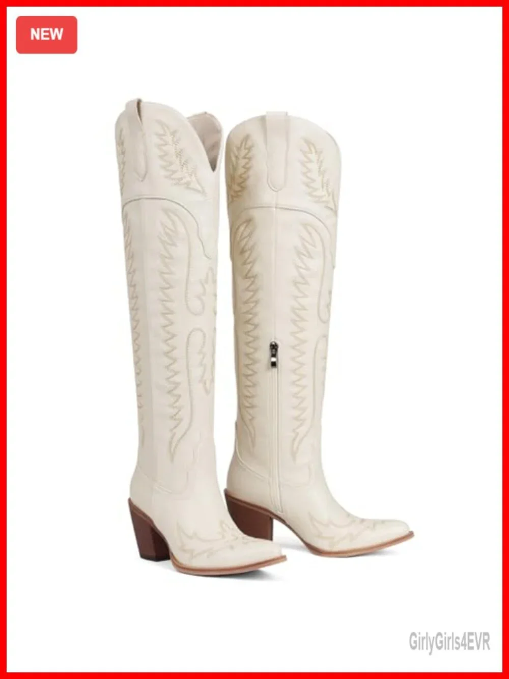 Over the Knee Cowboy Boots Women Western Pointed Toe Leather Block Heel Slip On