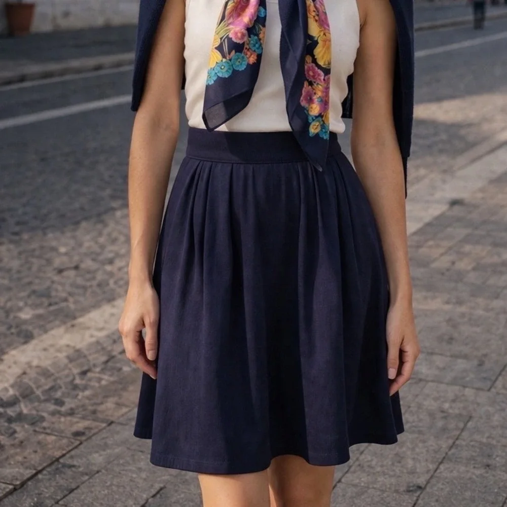 Dani Max Navy Blue Pleated Midi Skirt Vintage High Waisted Made in USA Size 8‎