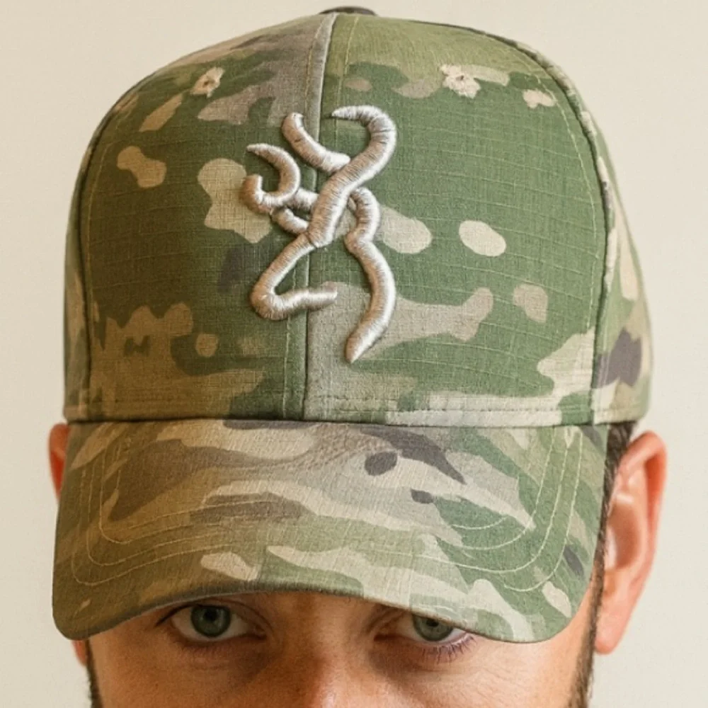 Green Camo Cap with Embroidered Design-NEW