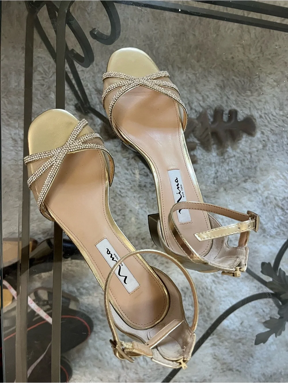 Nina Gold Rhinestone Strappy Low Heel Sandals