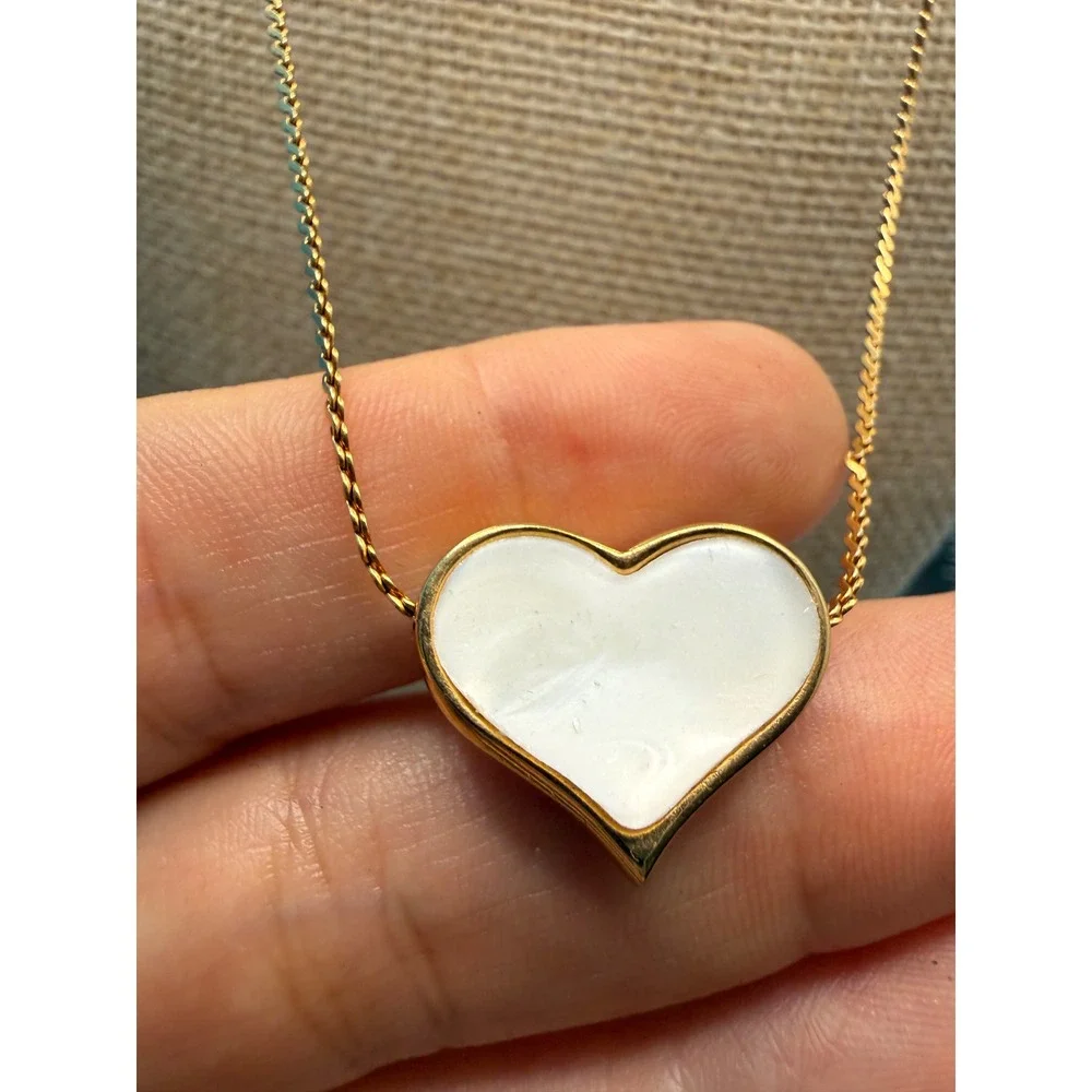 Sarah‎ Coventry Vintage Gold Tone Reversible Heart Mother of Pearl Necklace 16