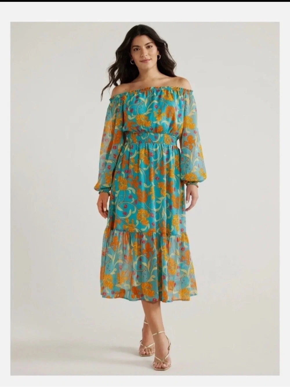 SOFIA JEANS‎ Sofia Vergara XS Off The Shoulder Midi Dress Teal Floral Boho Chic