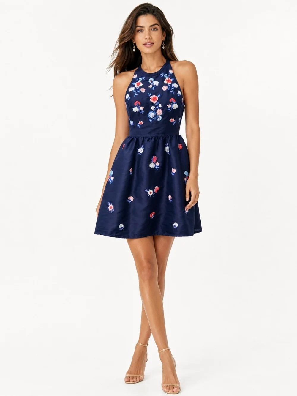 Kate Spade Pom Embroidered Floral Halter Dress Navy Size 8 Wedding Guest Hampton