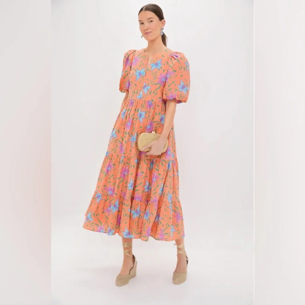 Tuckernuck Coral Maxi Dress with Blue & Pink Floral Print