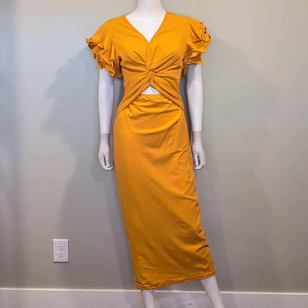 SHEIN Golden Yellow Volume Sleeve V Neck Cut Out Front Slit Back Midi Dress S