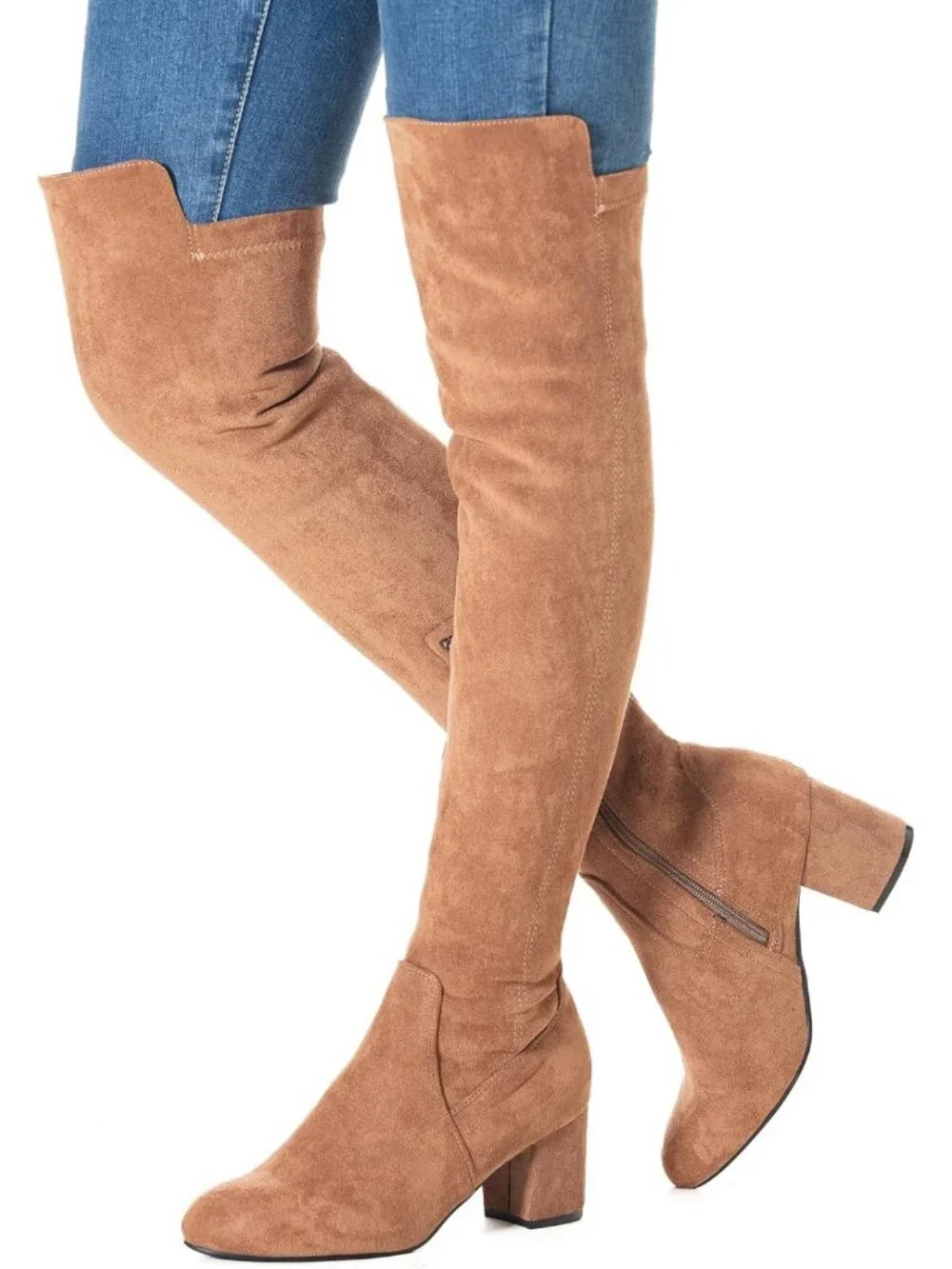 Chic Over the Knee Suede Boots - Black Thigh High, Chunky Block Heel, Winter