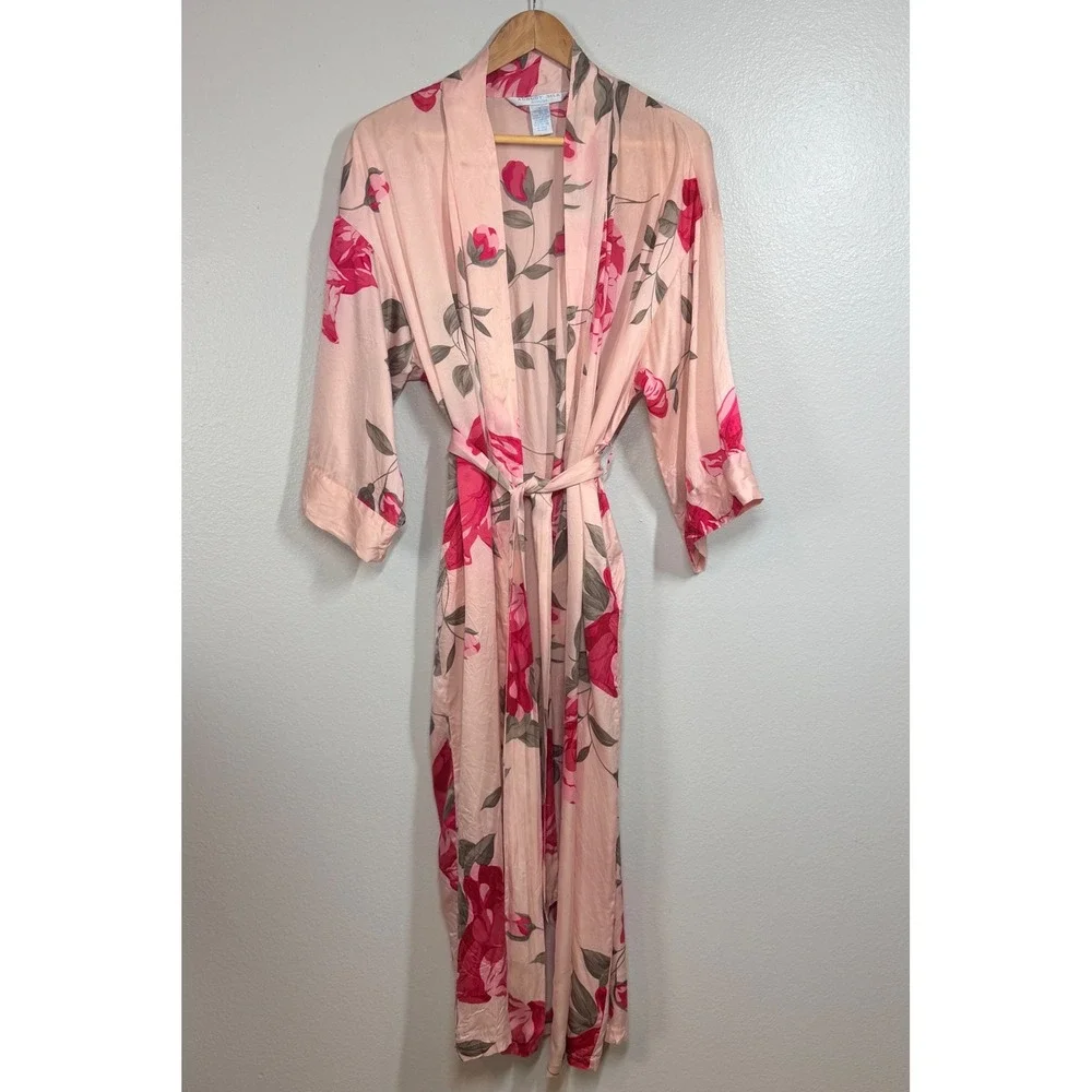 August Silk Robe Women M Pink Floral Long Silk Belted Pockets Lingerie