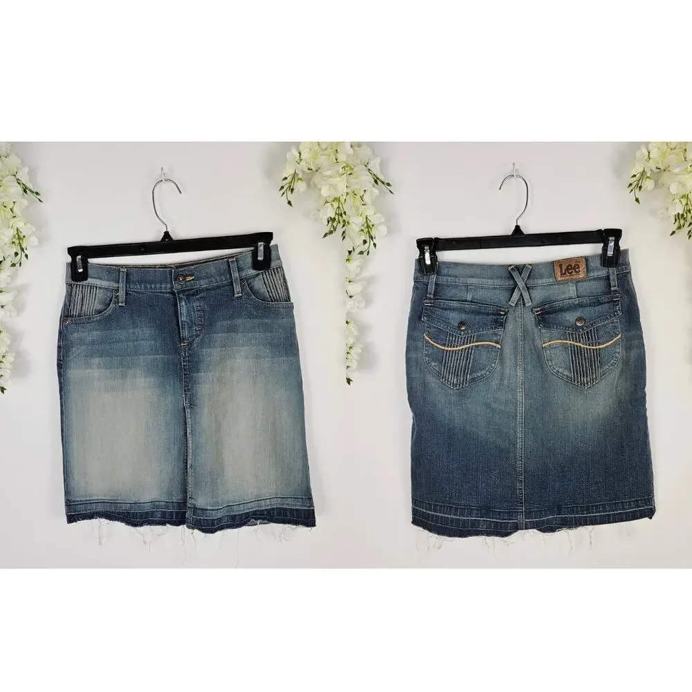 Y2K Lee Denim Skirt Juniors 3 Frayed Hem Button Pockets Stretch Slit Front
