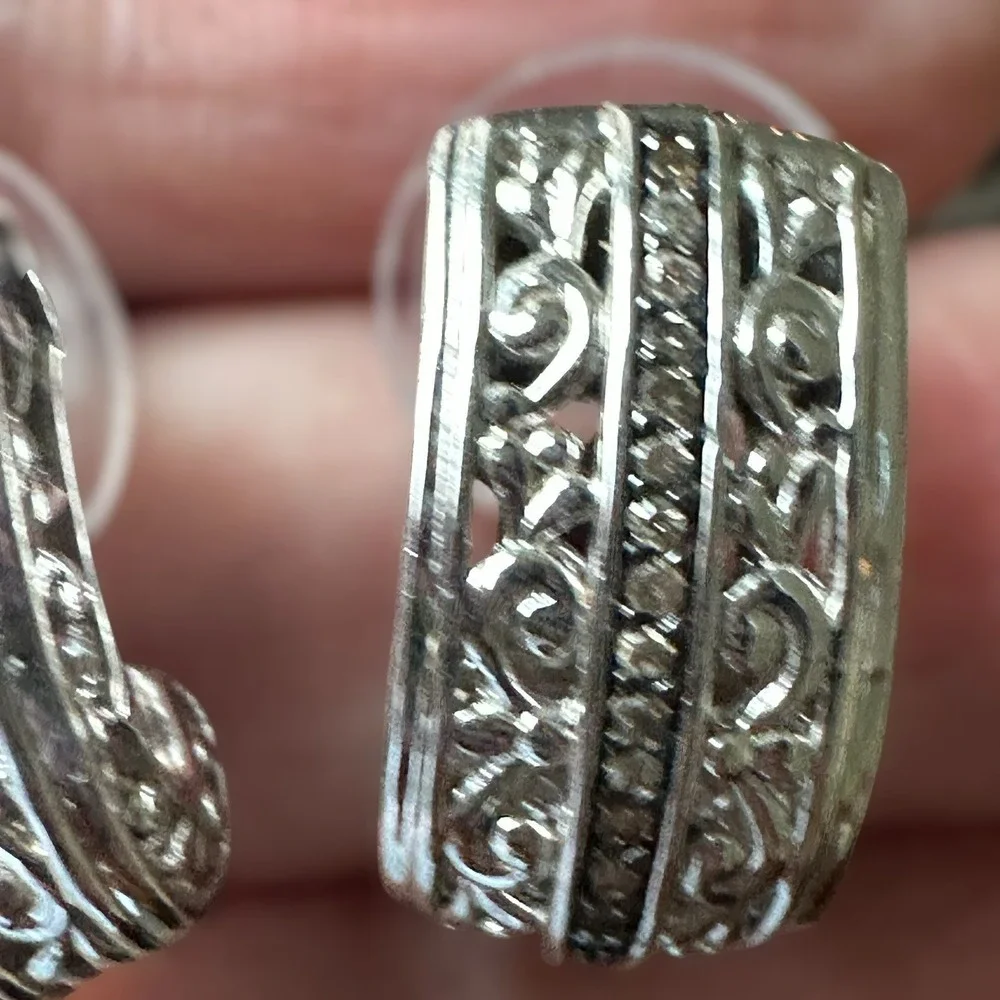 VTG Half Hoop Post Earrings 0.75 Inch Clear Rhinestones Ornate 925 Sterling 5.3g