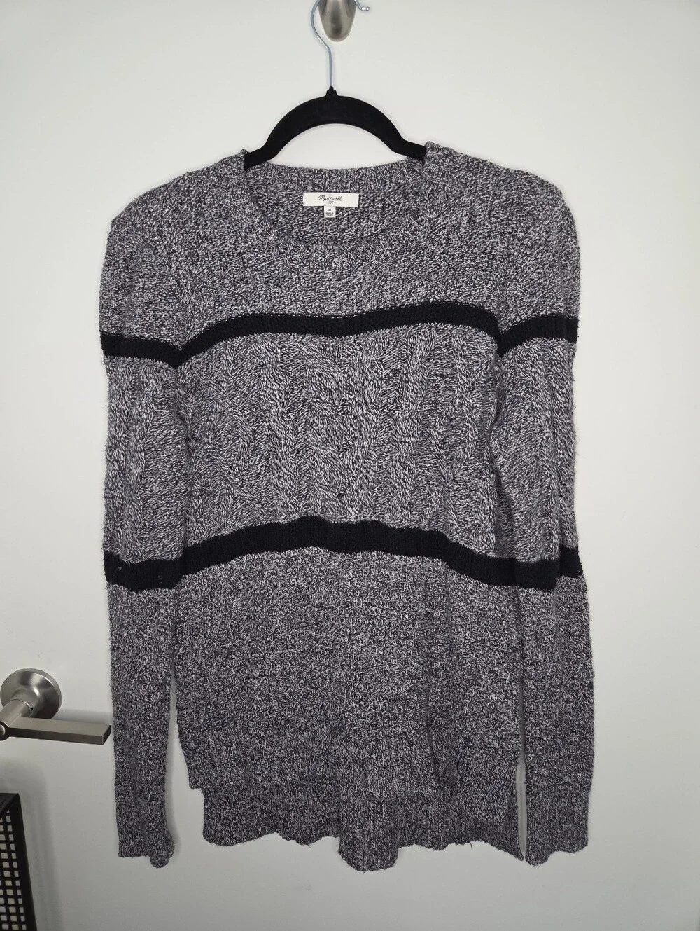 Madewell Women's Medium Marled Gray & Black Striped Cable Knit Pullover Sweater