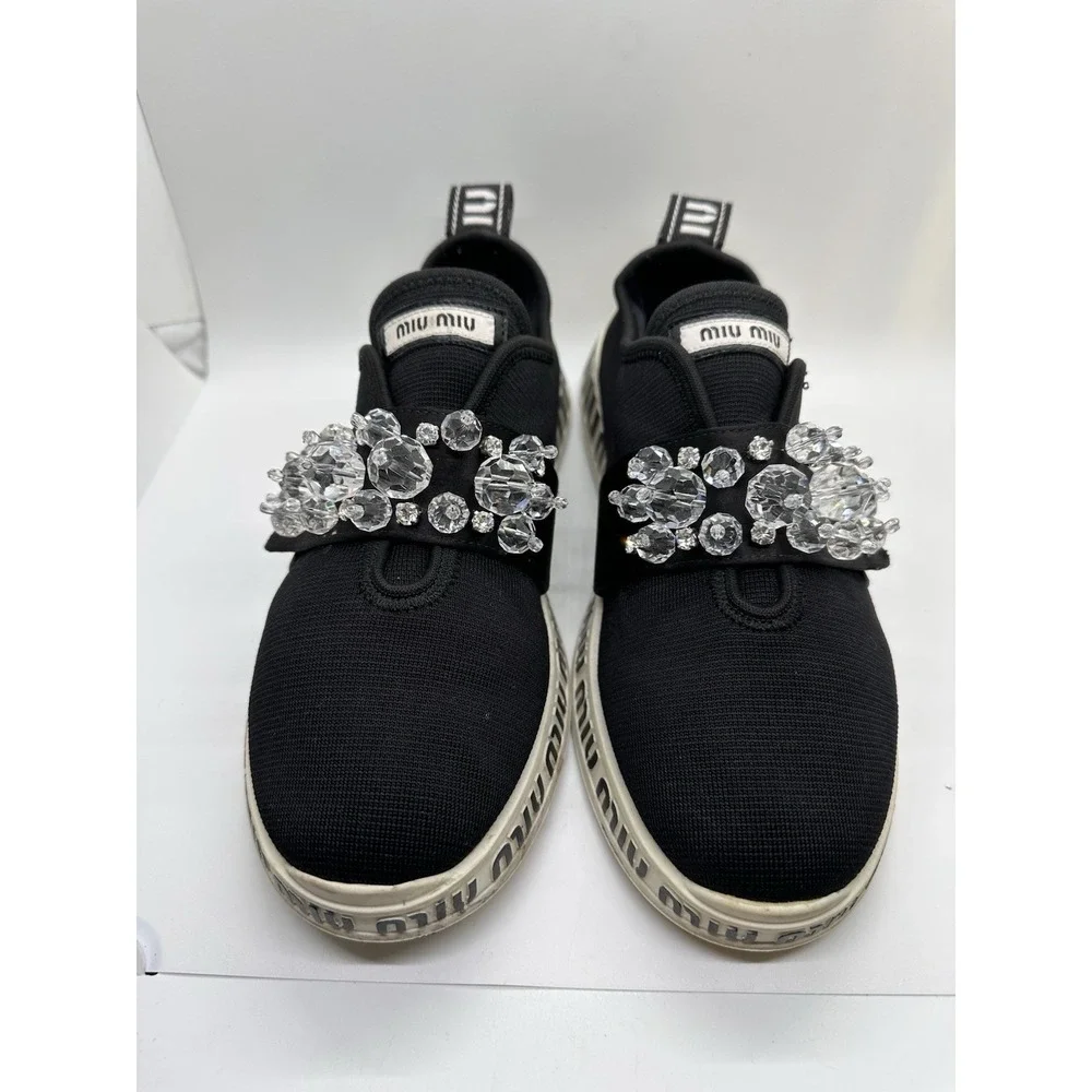 Miu Miu Black Fabric and‎ Satin Crystal Embellished Slip On Sneakers Size 40
