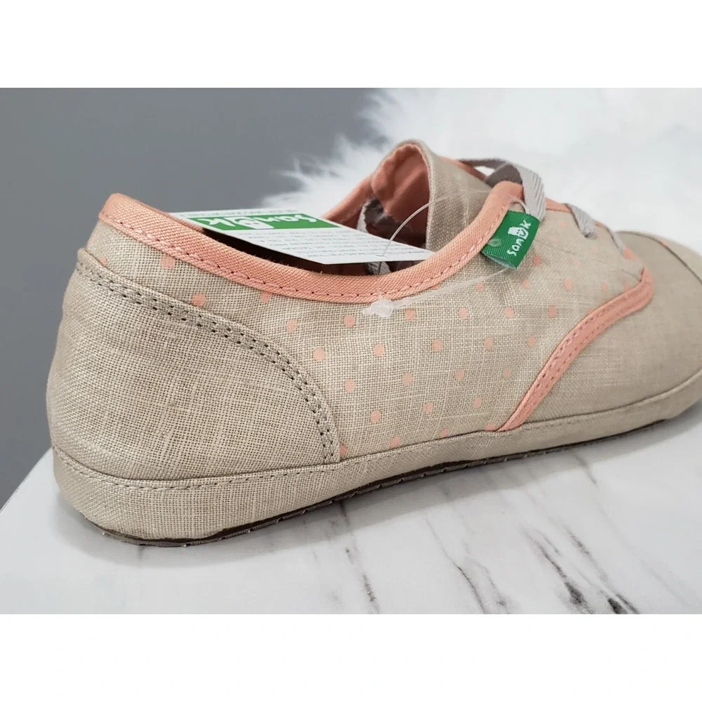 Sanuk Sock Hop Beige Pink Polka Dot Womens Sneakers SWF10602 Size 8 NEW