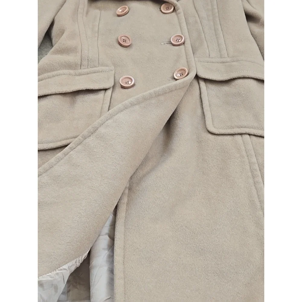 Mango MNG Beige Wool Blend Long Sleeve Double Breasted Trench Coat‎ Jacket S