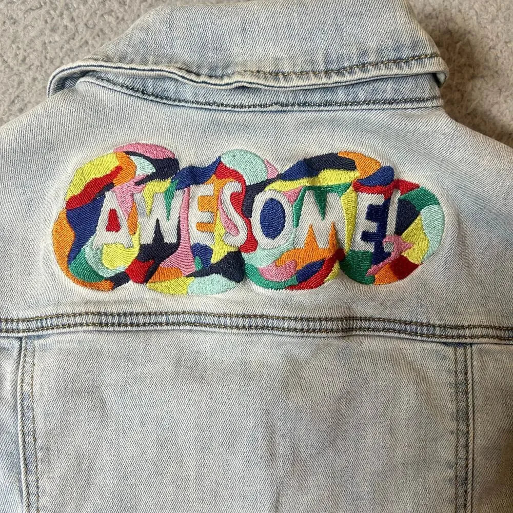 Cat & Jack Denim Jacket Girls L Blue Stretch Embroidered‎ Awesome Jean Jacket