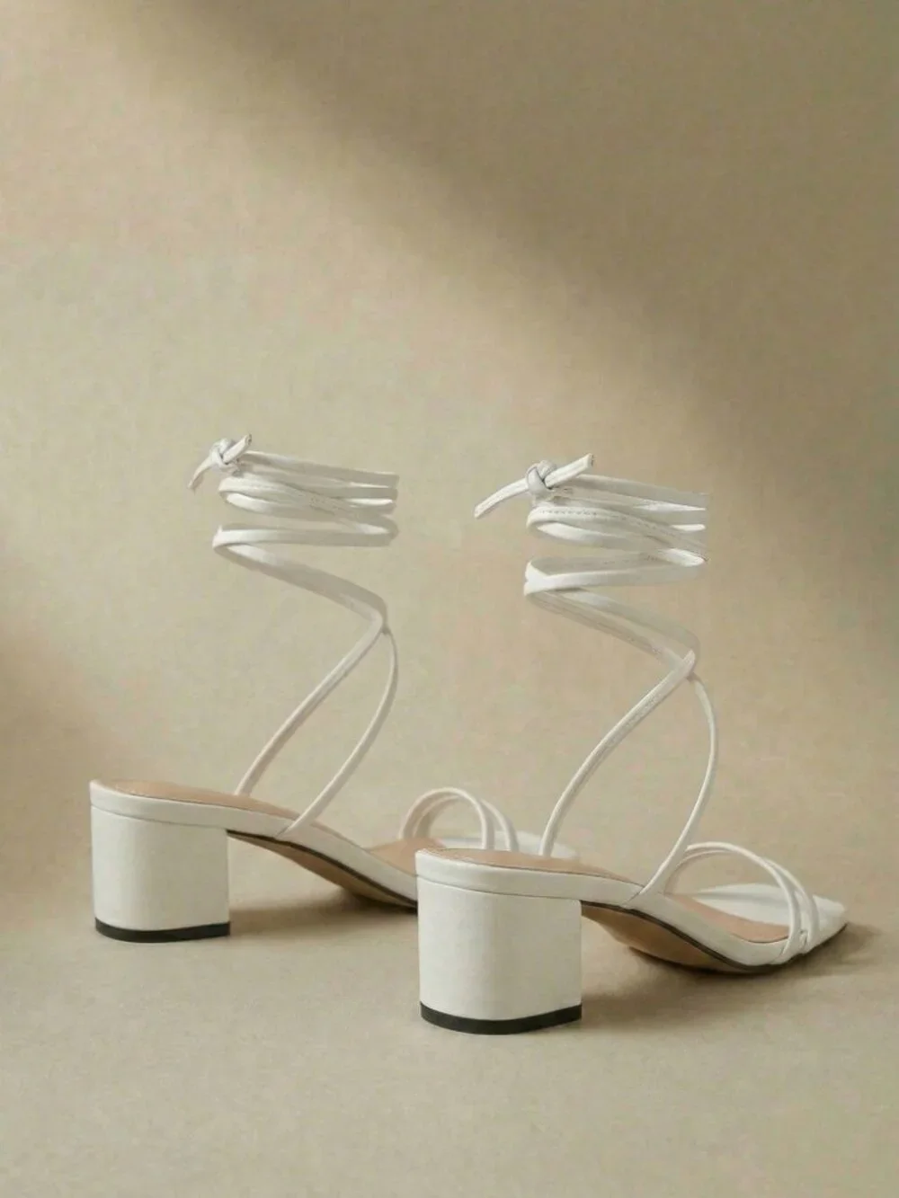 White Strappy Lace-Up Block Heel Sandals