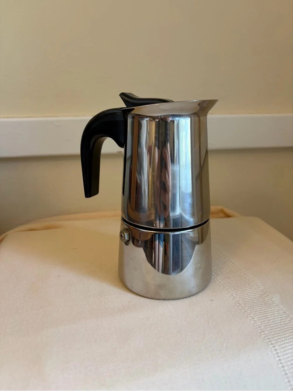 Vintage Italian Polished Stainless Espresso Moka Pot with Black Handle