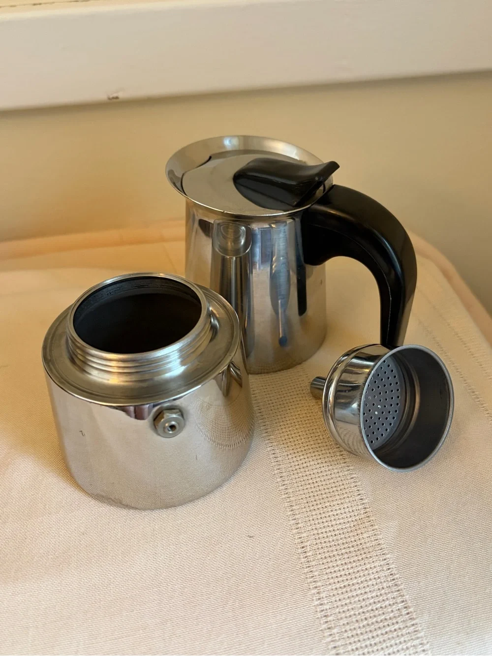 Vintage Italian Polished Stainless Espresso Moka Pot with Black Handle