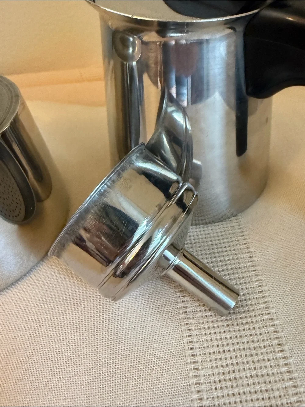 Vintage Italian Polished Stainless Espresso Moka Pot with Black Handle