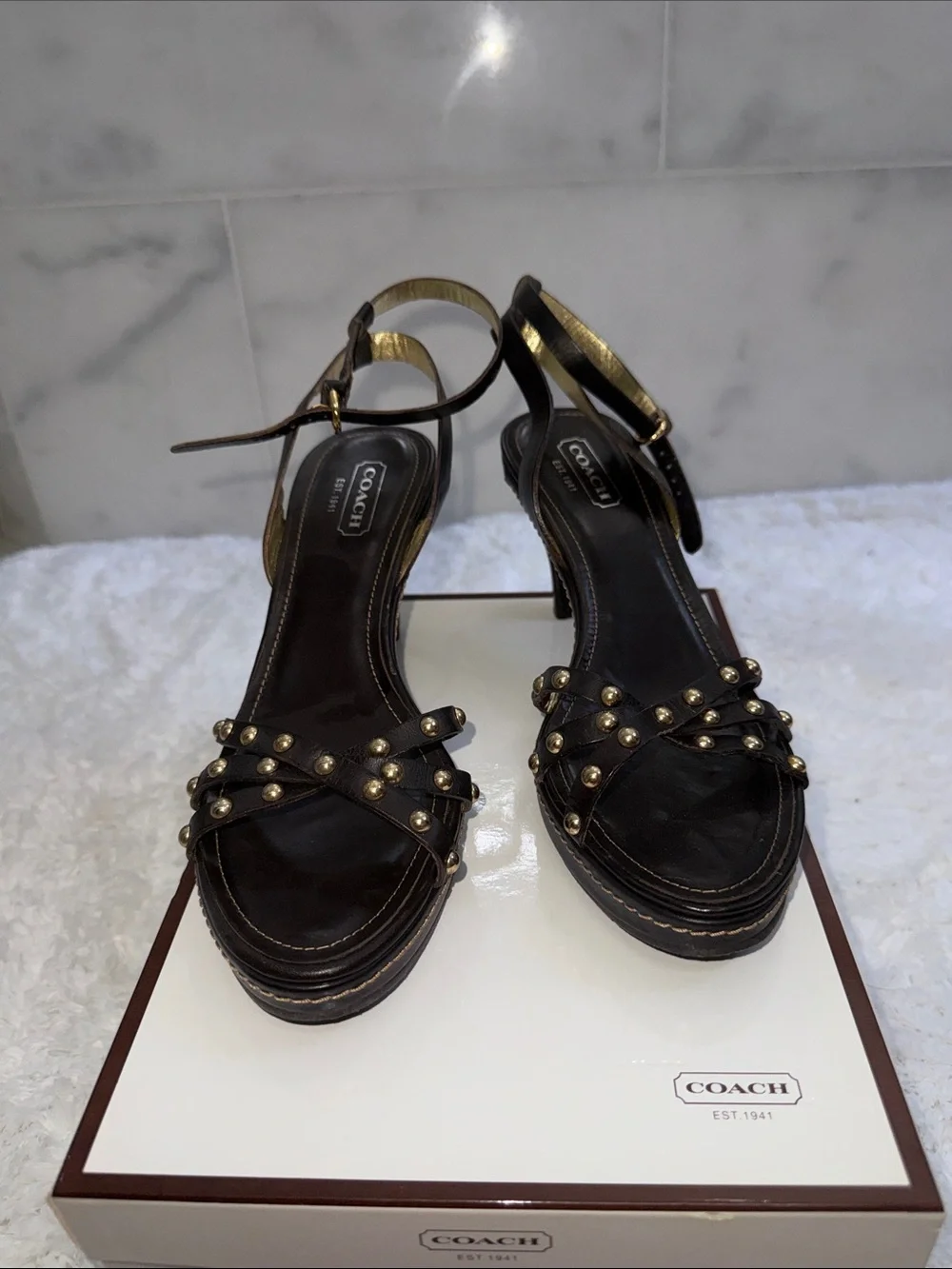 Coach Black Leather Studded Platform Sandals with Gold Accents 8 1/2 w/box