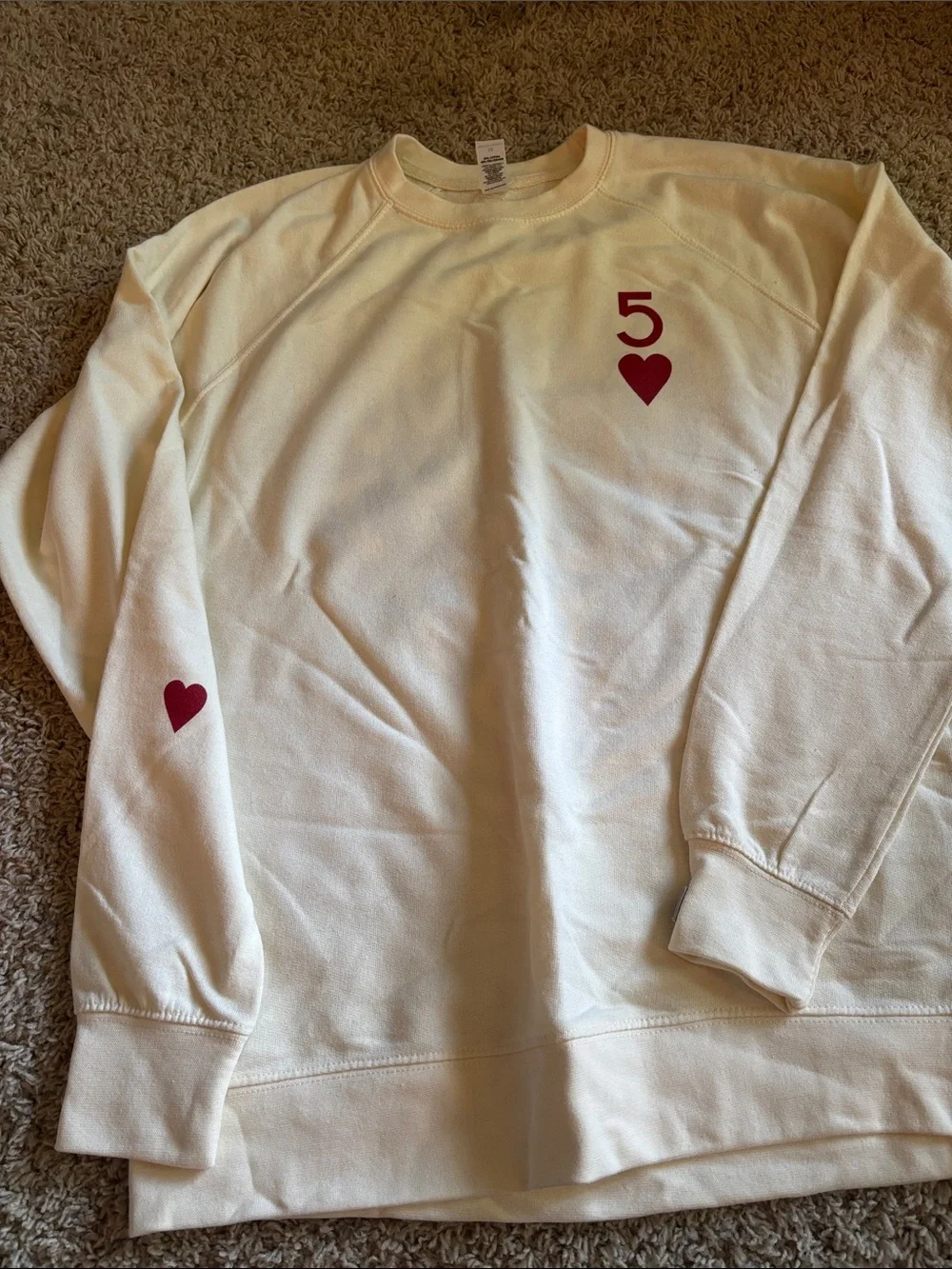 Five Dancewear Cream Crewneck Sweater with Red Heart and '5' Graphic