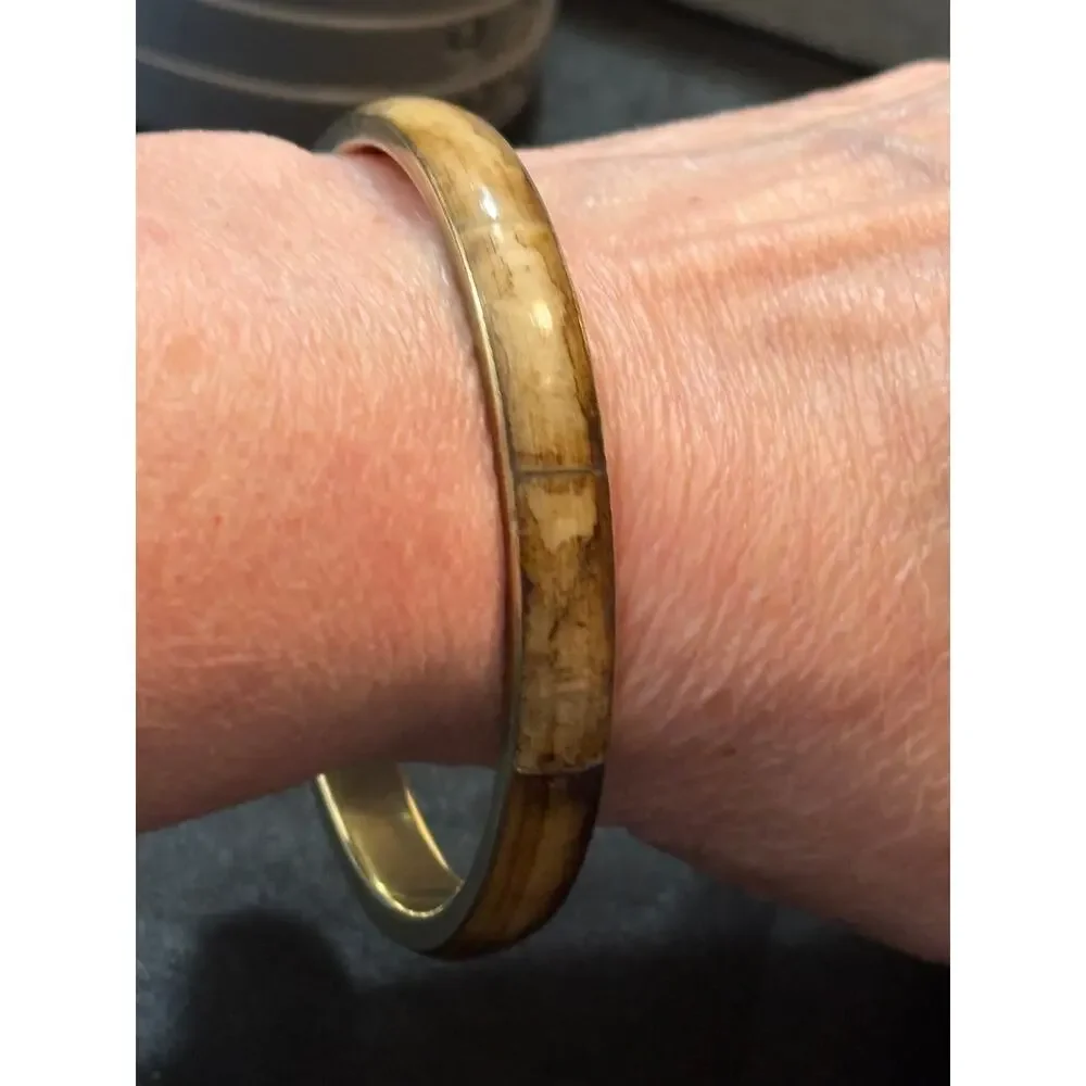 Vintage Bone Bangle Bracelet 18g Inlaid Bone With Brass Liner Size 8”