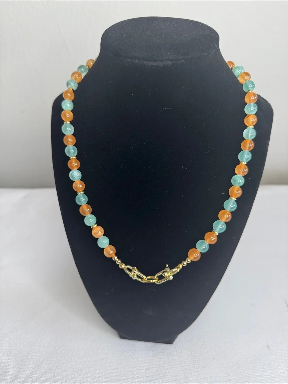 Two-Tone Mint Green and Orange Beaded Necklace 18” Gold filled.