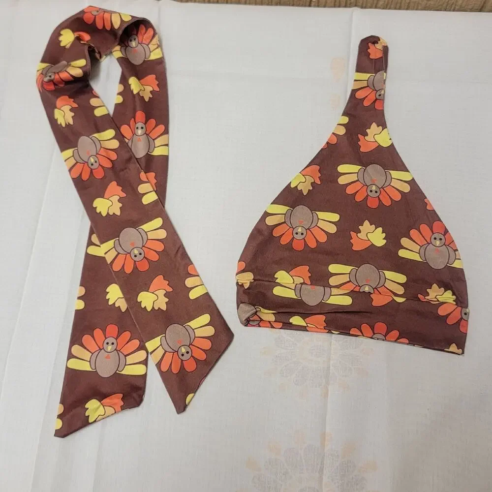 2 pc Baby Cap & Belt / Tie Turkey Thanksgiving Infant Brown Holiday Infants
