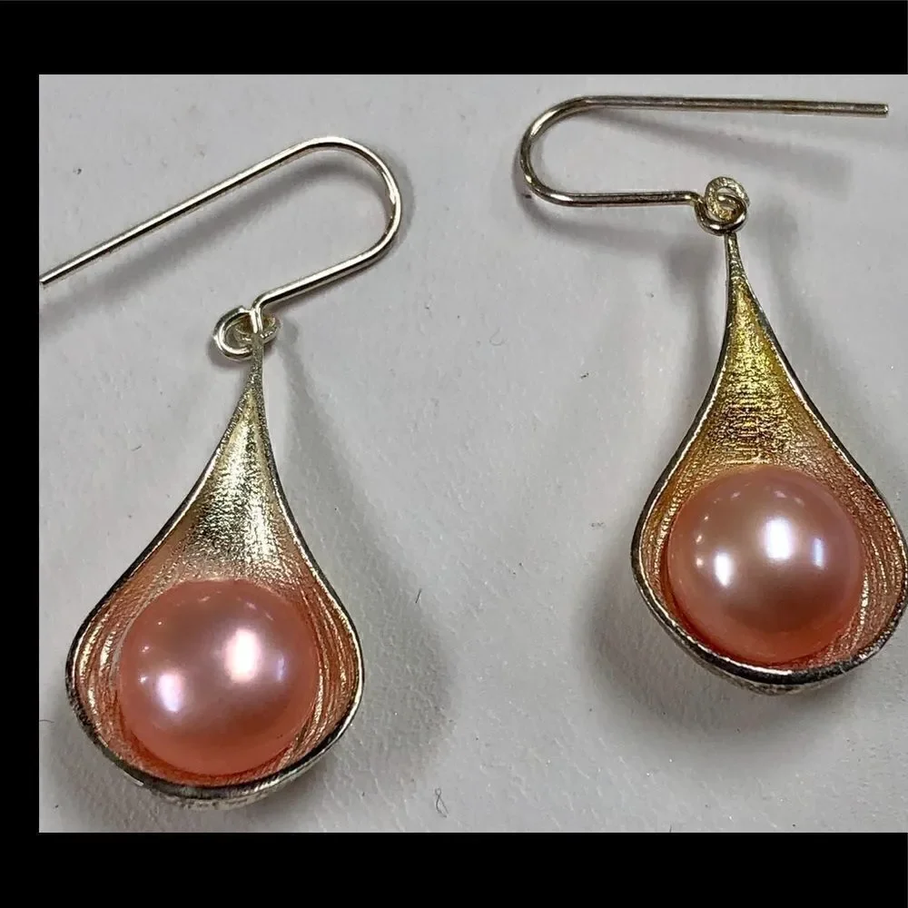 RCI Italy Pink Pearl Drop Earrings Sterling Silver 925