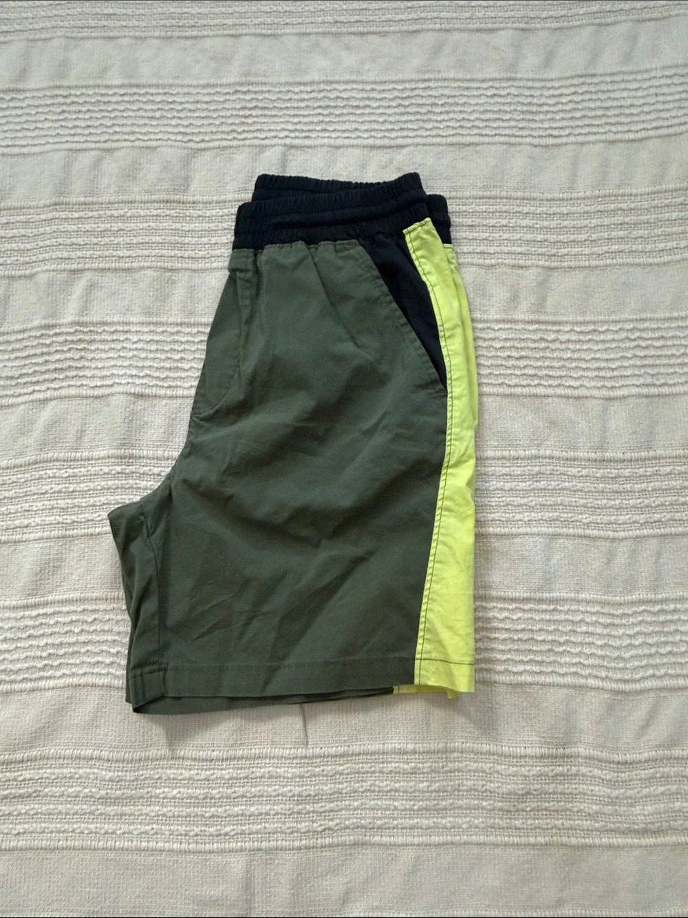 Boys Olive Green Elastic-Waist Shorts with Lime Side Panels