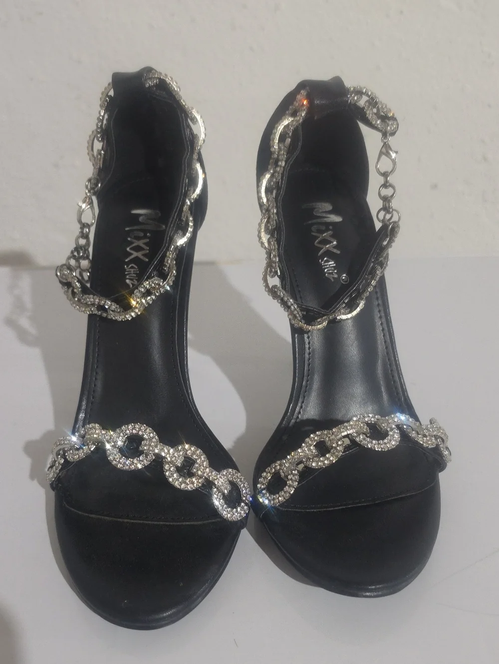 Mixx Shuz Black Crystal Chain Evening Sandals