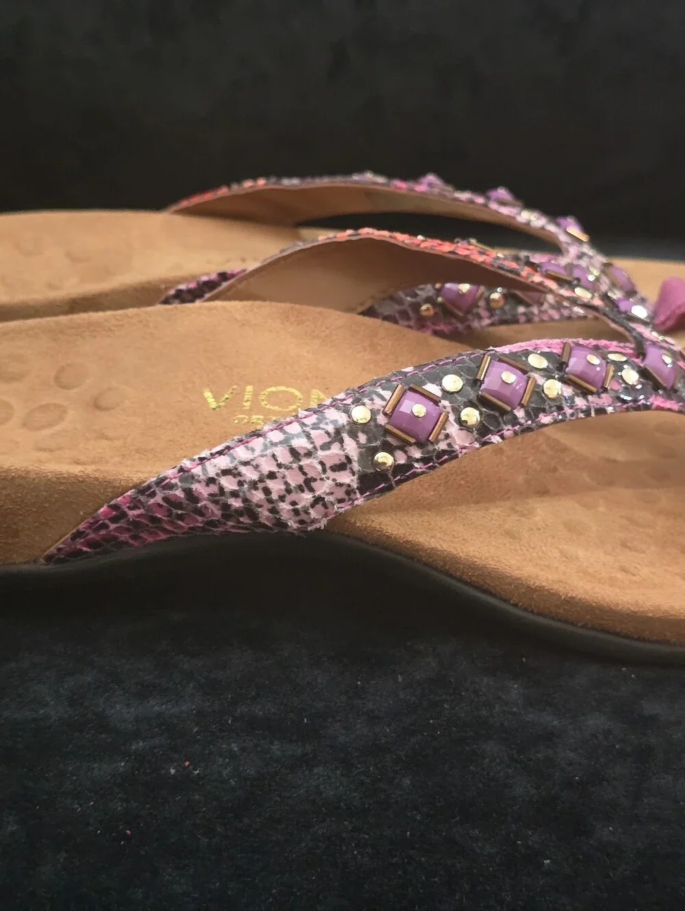 Vionic Orthaheel Pink Python Print Embellished Thong Sandals